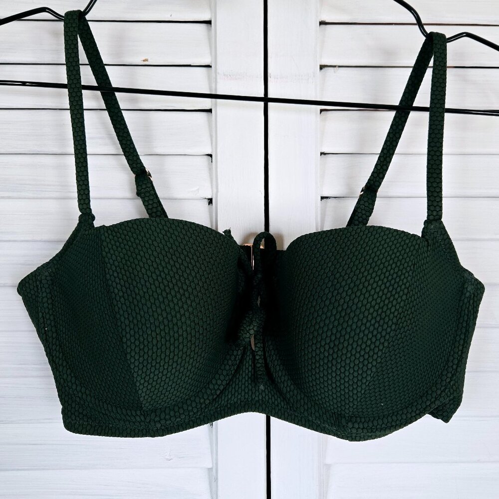 NWOT SHADE & SHORE LIGHT LIFT TIE FRONT KEYHOLE TEXTURED GREEN BIKINI TOP 34B - Picture 3 of 7